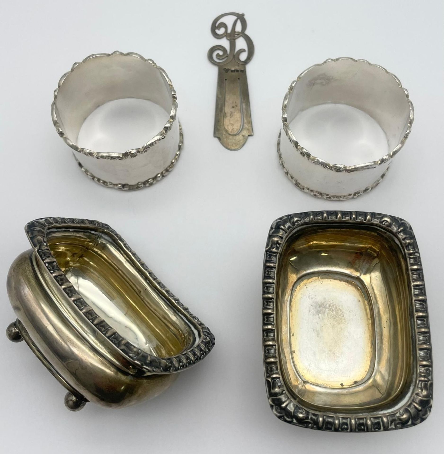 A Selection of Silver Items, Including 2x Napkin Rings, 2 x Silver Salts and a Bookmark. Total - Image 2 of 8