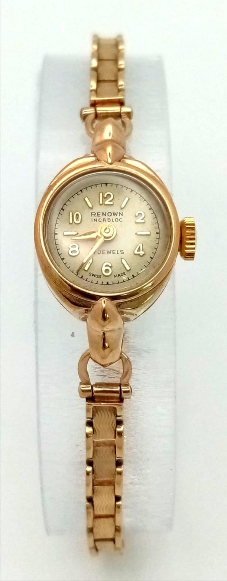 A Vintage 9K Gold Renown 17 Jewel Ladies Watch. 9K yellow gold bracelet and case - 15mm. - Bild 2 aus 6