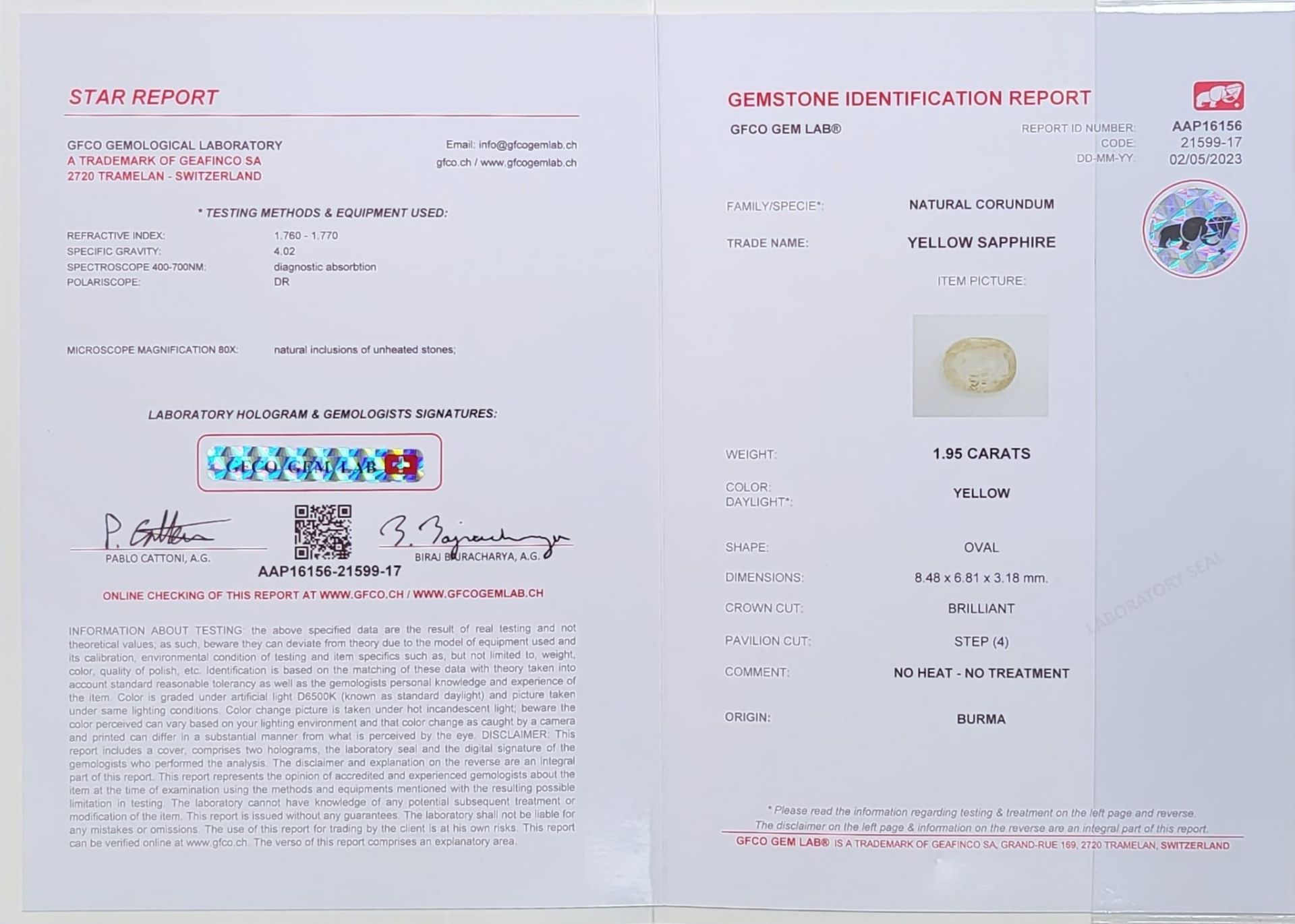 A 1.95ct Burma Yellow Sapphire Gemstone. GFCO Swiss Origin Certification Included. - Bild 3 aus 3