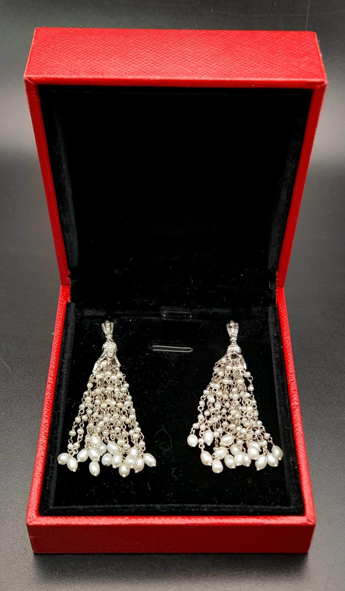 A Pair of Unique Hand-Made 18K White gold, Diamond and Seed Pearl Drop Earrings. Art Deco - Image 6 of 6