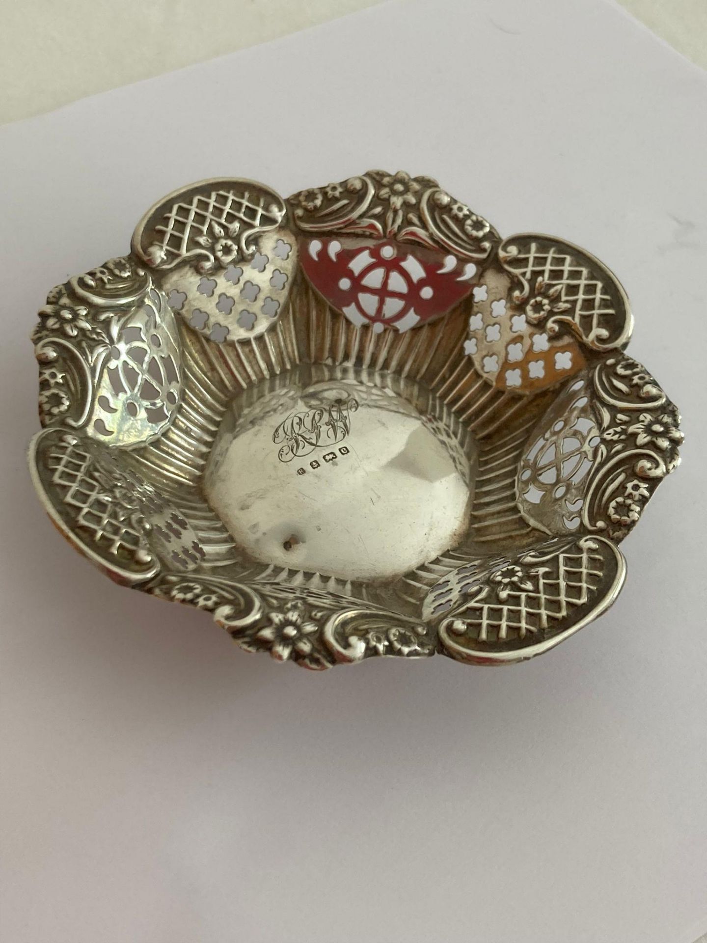 Antique SILVER BONBON DISH, decorated with beautiful Silver openwork and floral edging.