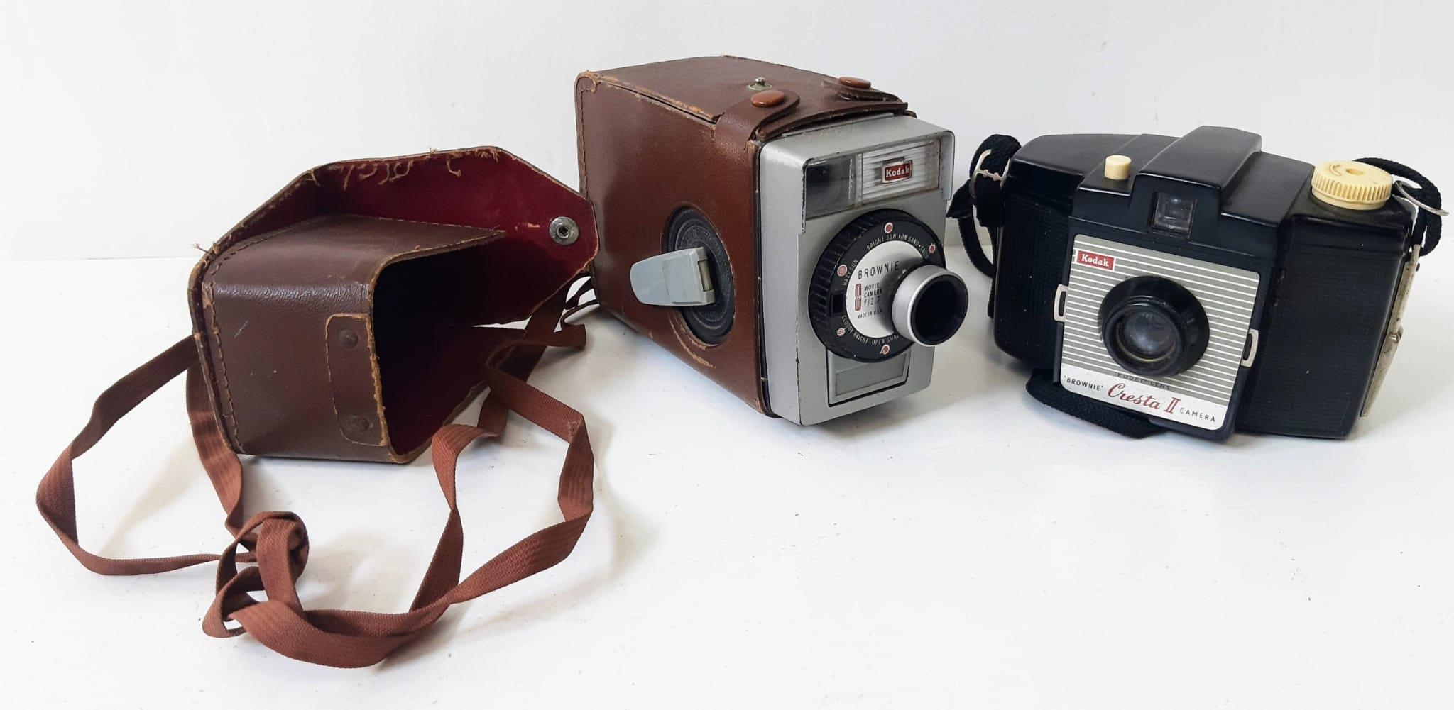 Two Vintage Kodak Cameras. A Brownie Cresta II and a Brownie Movie Camera with Leather Case. A/F