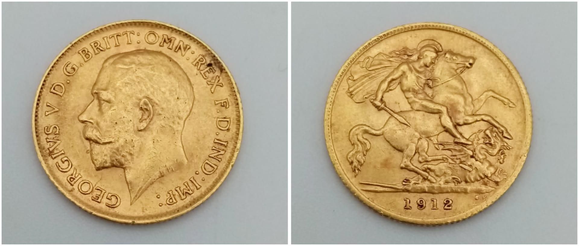 A 1912 22K Gold George V Half Sovereign.