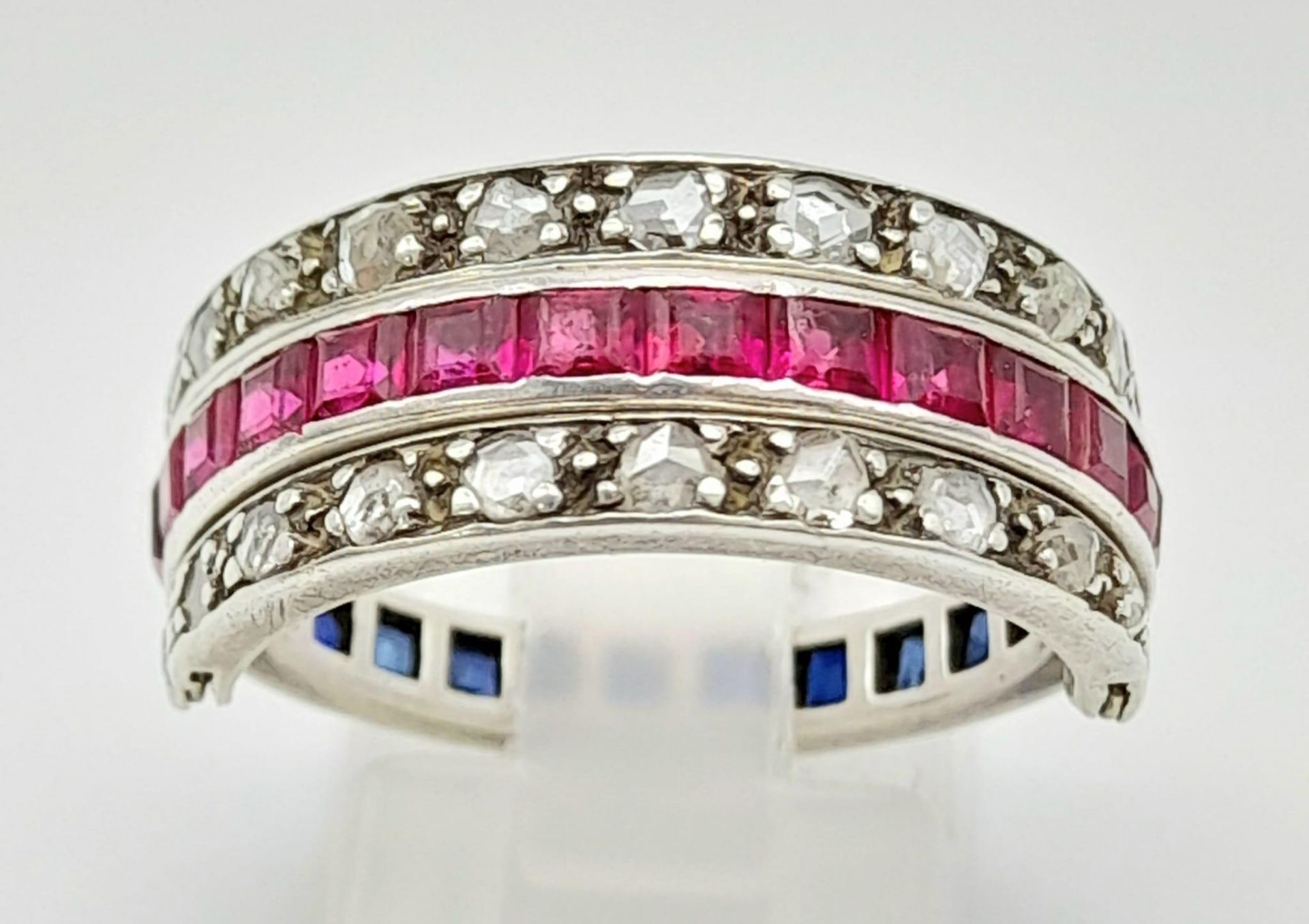 SILVER ROSE CUT DIAMOND, RUBY & SAPPHIRE SET DOUBLE FULL ETERNITY RING, WEIGHT 4.3G SIZE Q - Bild 3 aus 6