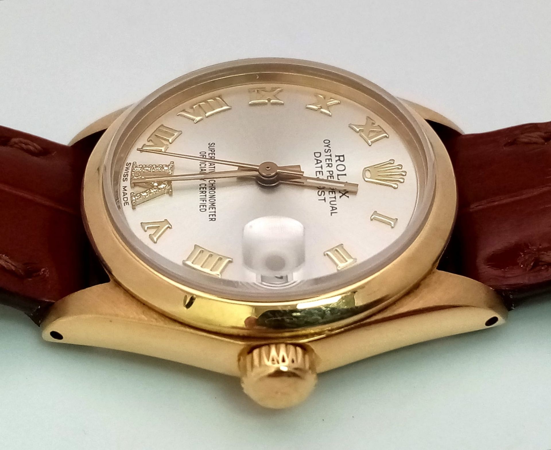 A Rolex Perpetual Oyster 18K Gold Cased Datejust Ladies Watch. Brown leather strap. 18K gold - Image 4 of 9