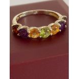 Multi Gemstone SILVER RING, having AMETHYST, GARNET, PERIDOT and CITRINE Gemstones mounted to top in