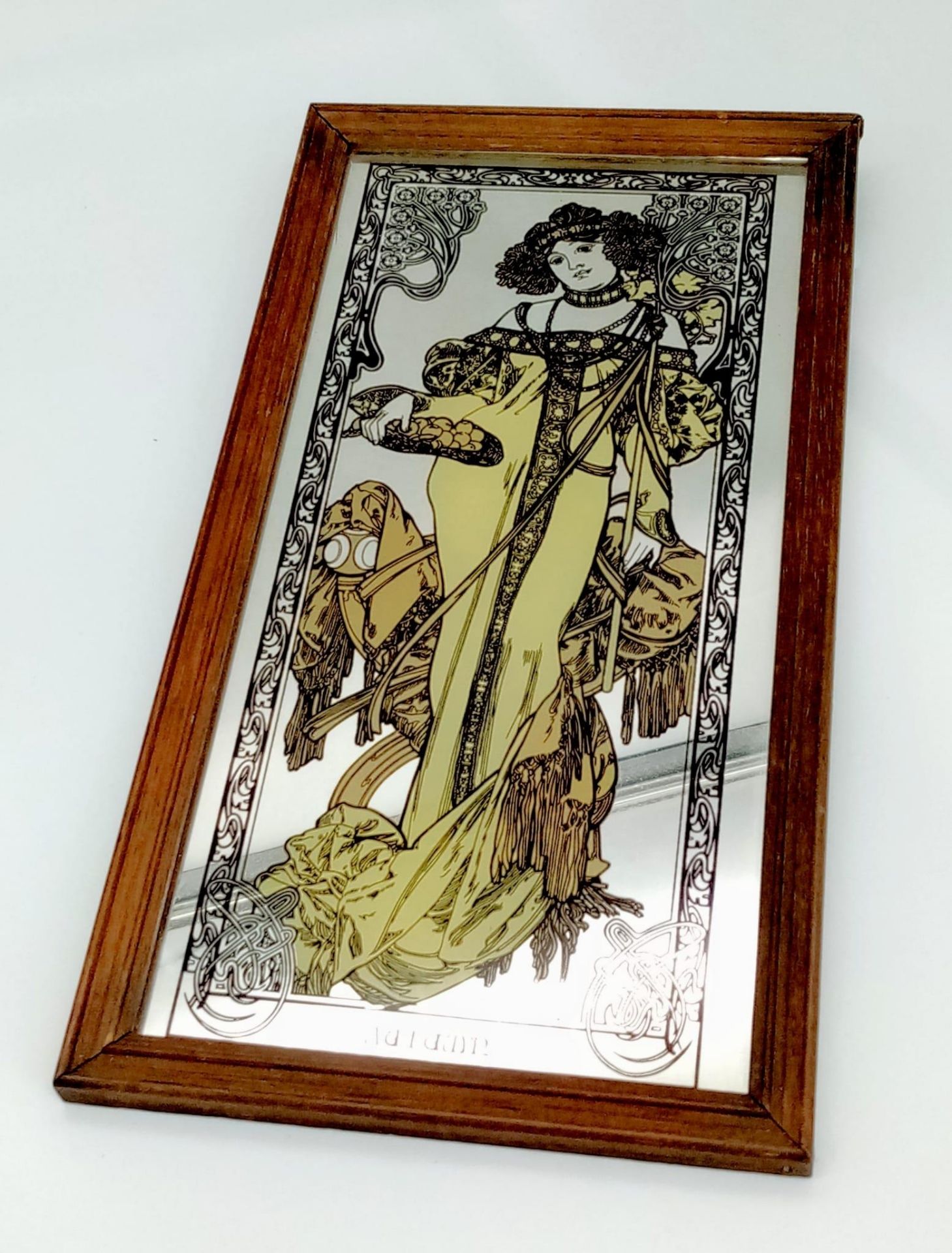 Alphonse Mucha Vintage, Art Nouveau, Autumn Wall Mirror. Framed. H33cm x W18cm.