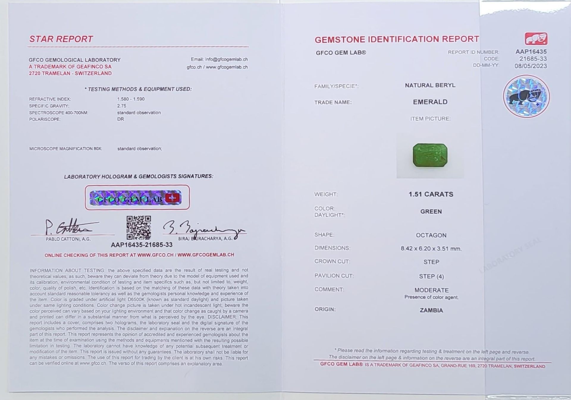 A 1.51ct Zambian Emerald Gemstone. GFCO Swiss Origin Certification Included. - Bild 3 aus 3