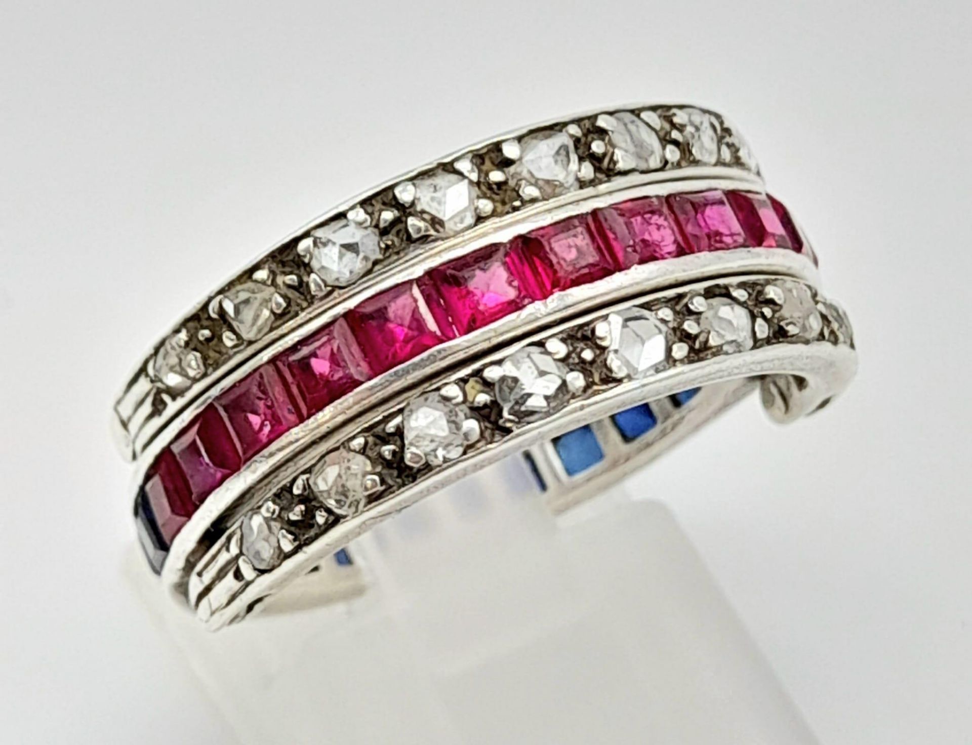 SILVER ROSE CUT DIAMOND, RUBY & SAPPHIRE SET DOUBLE FULL ETERNITY RING, WEIGHT 4.3G SIZE Q - Bild 4 aus 6