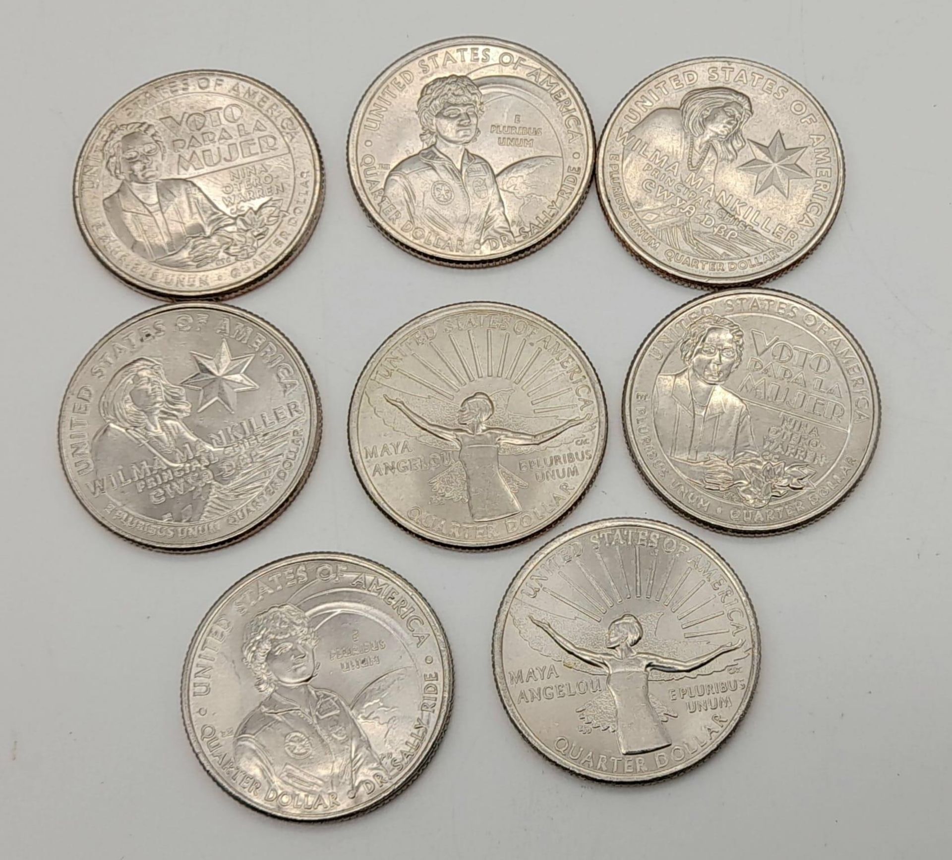 Eight Uncirculated USA Quarter Dollar Coins - four different designs. - Bild 2 aus 2