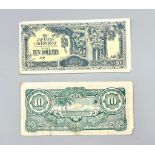 Two Scarce World War 2 Issue Japanese Government Issue Ten Dollar Notes in Very Good Condition
