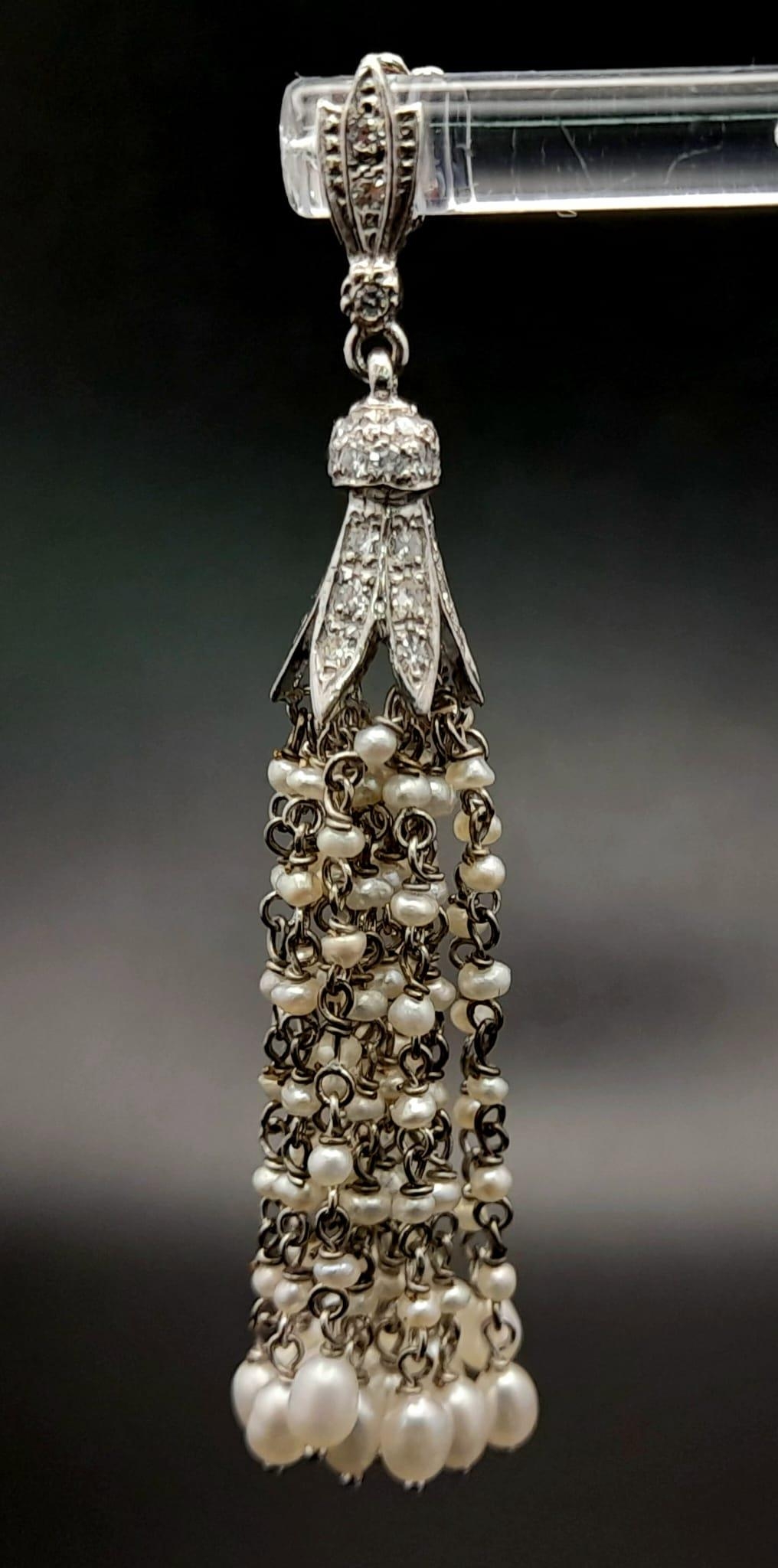 A Pair of Unique Hand-Made 18K White gold, Diamond and Seed Pearl Drop Earrings. Art Deco - Image 3 of 6