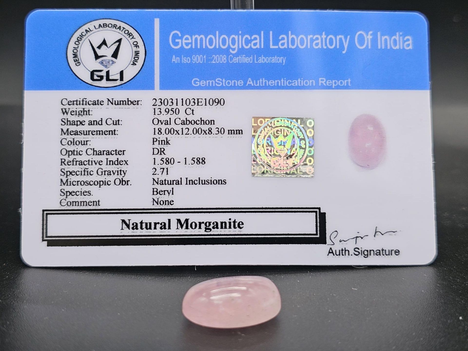 13.95Ct Cabochon, Natural Rare Morganite, Oval Shape, GLI Certified. - Image 6 of 6