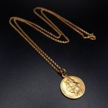 An 18K Yellow Gold St. Christopher Pendant on an 18K Yellow Gold Necklace. 22mm and 54cm. 10.18g