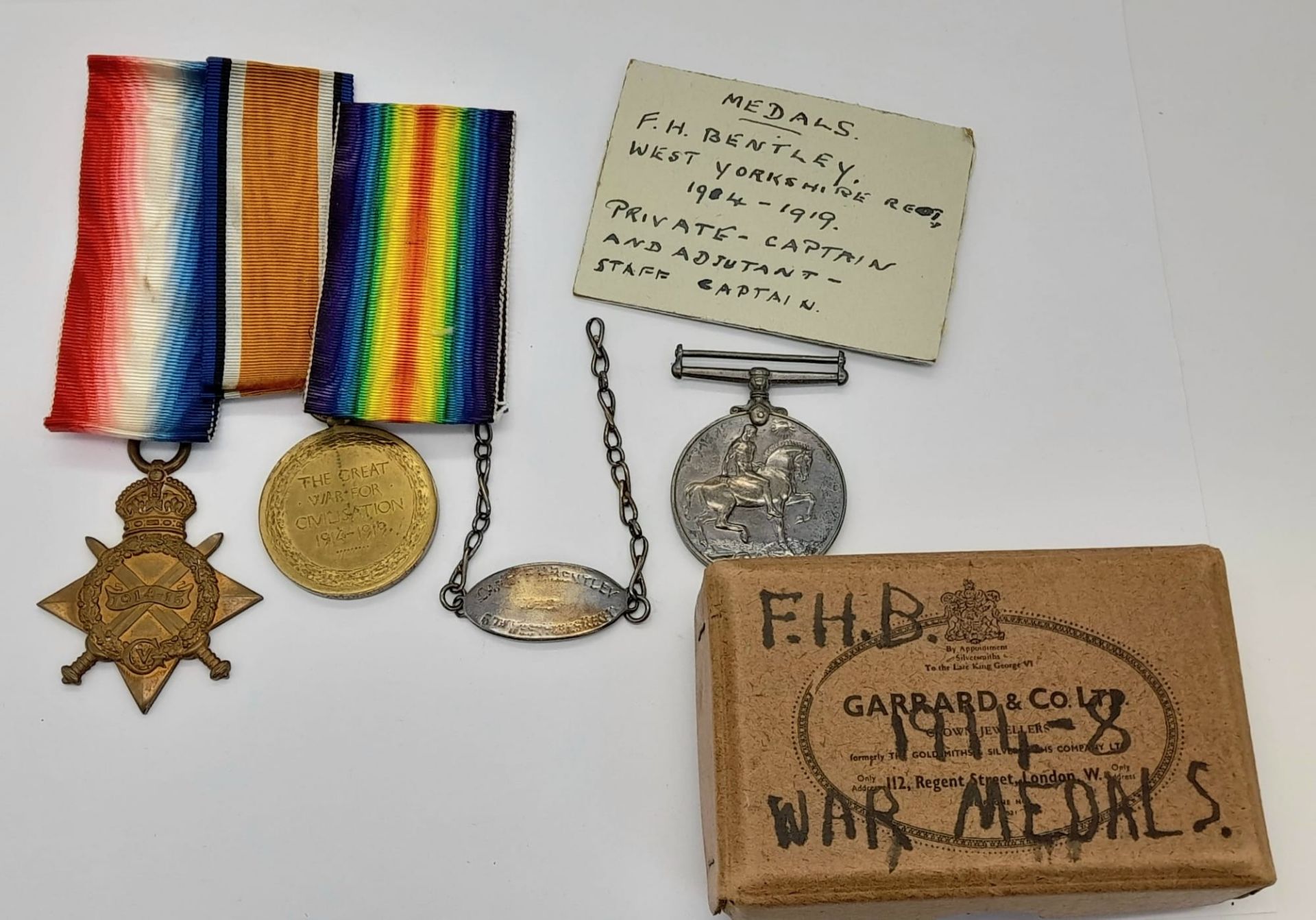 Three WW1 Medals Awarded to Captain F.H. Bentley of the West Yorkshire Regiment. Promoted from