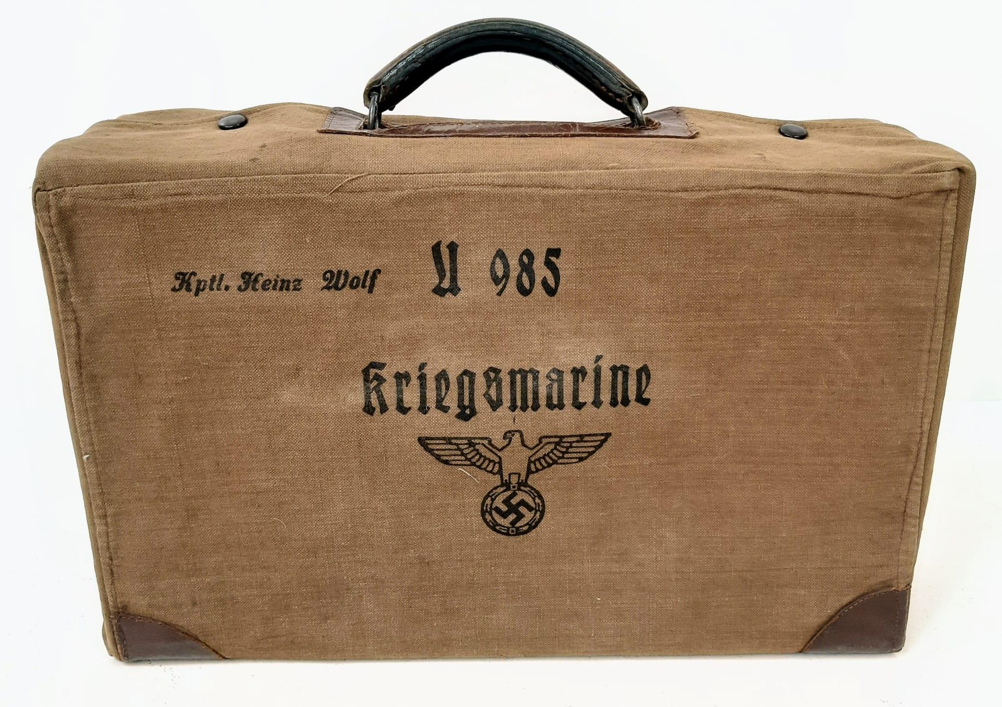 WW2 German Kriegsmarine U-boat Officers Suitcase and Cover to Captain Lieutenant Heinz Wolf U-985.