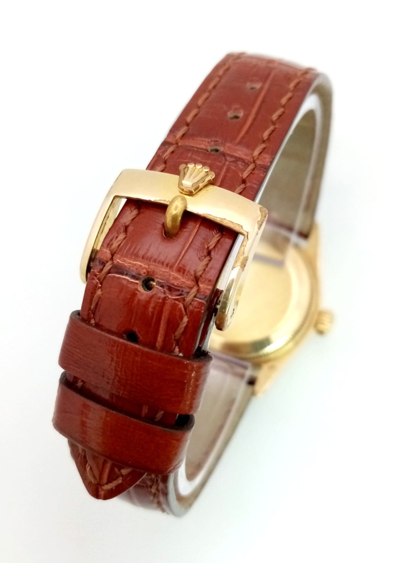 A Rolex Perpetual Oyster 18K Gold Cased Datejust Ladies Watch. Brown leather strap. 18K gold - Image 3 of 9