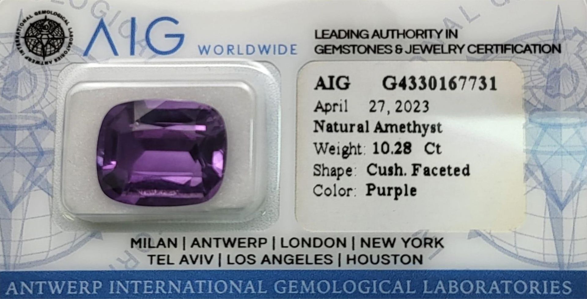 A 10.28ct Loupe-Clean Cushion-Faceted Amethyst Gemstone. Sealed and AIG Milan Certified. - Bild 2 aus 4