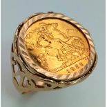 22k yellow gold half Sovereign coin with Queen Elizabeth dated 1982, set into a 9ct yellow gold ring