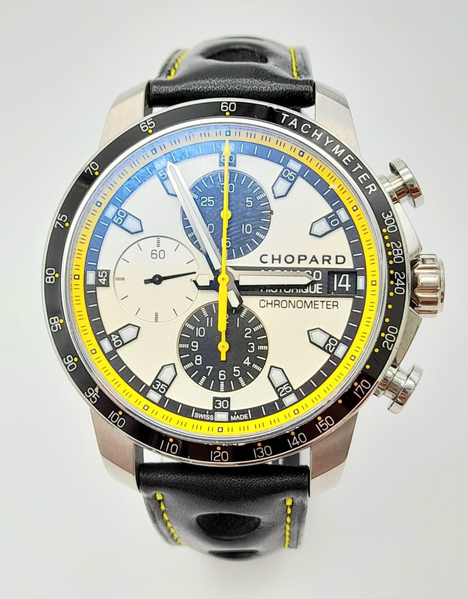 A Chopard Grand Prix de Monaco Historique Chronograph Gents Watch. Black leather strap. Titanium