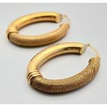 Two Vintage 9K Yellow Gold Oval Hoop Earrings. Fine mesh decoration on one side. 5.5g total weight