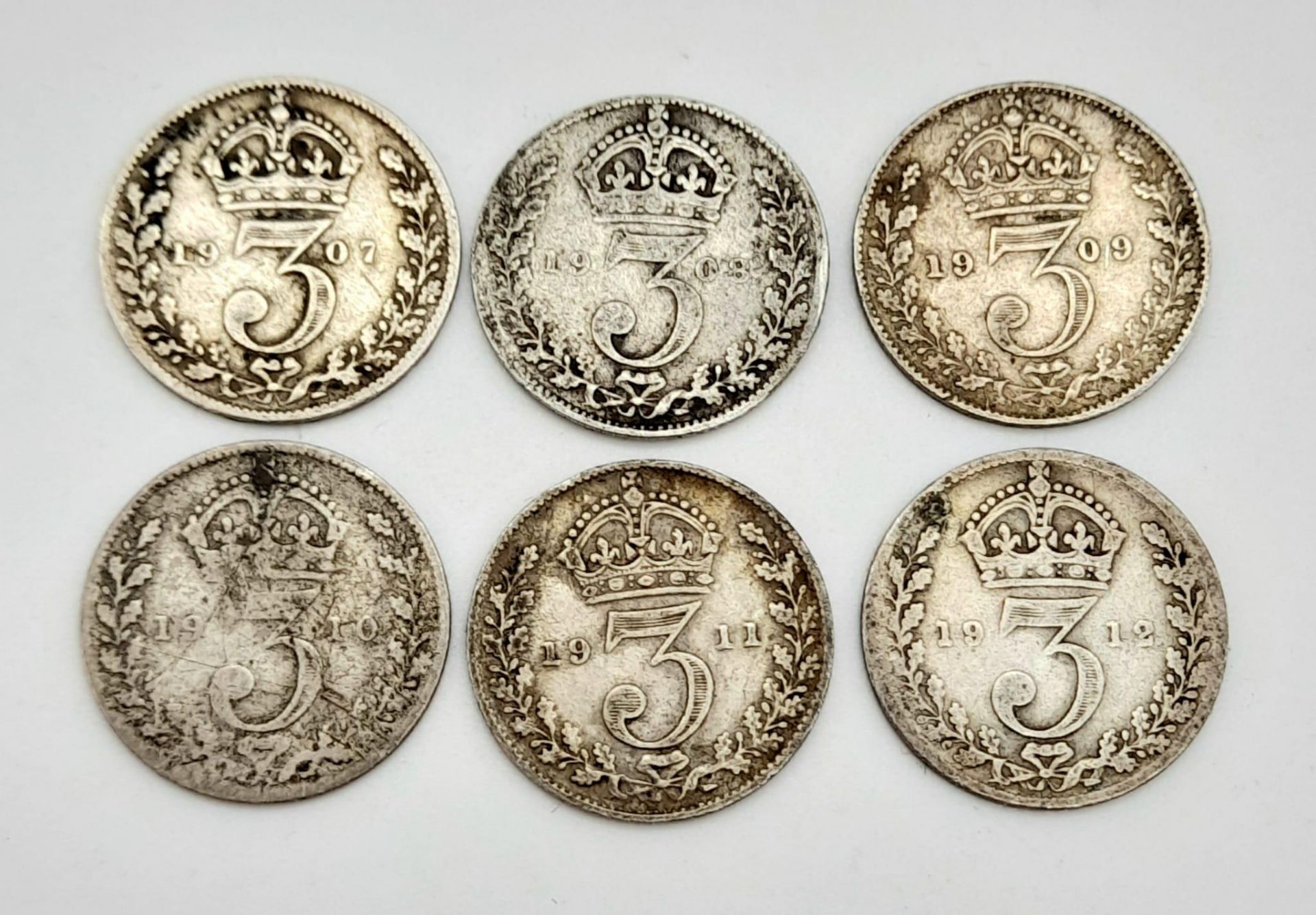 A Parcel of 6 (Pre-1920) Consecutive Run Dates Silver Three Penny’s from 1907 to 1912 Inclusive. 8.