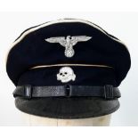 WW2 German SS (Allgemeine) NCO’s Uniform Peaked Cap. Heavy black wool construction with white cotton