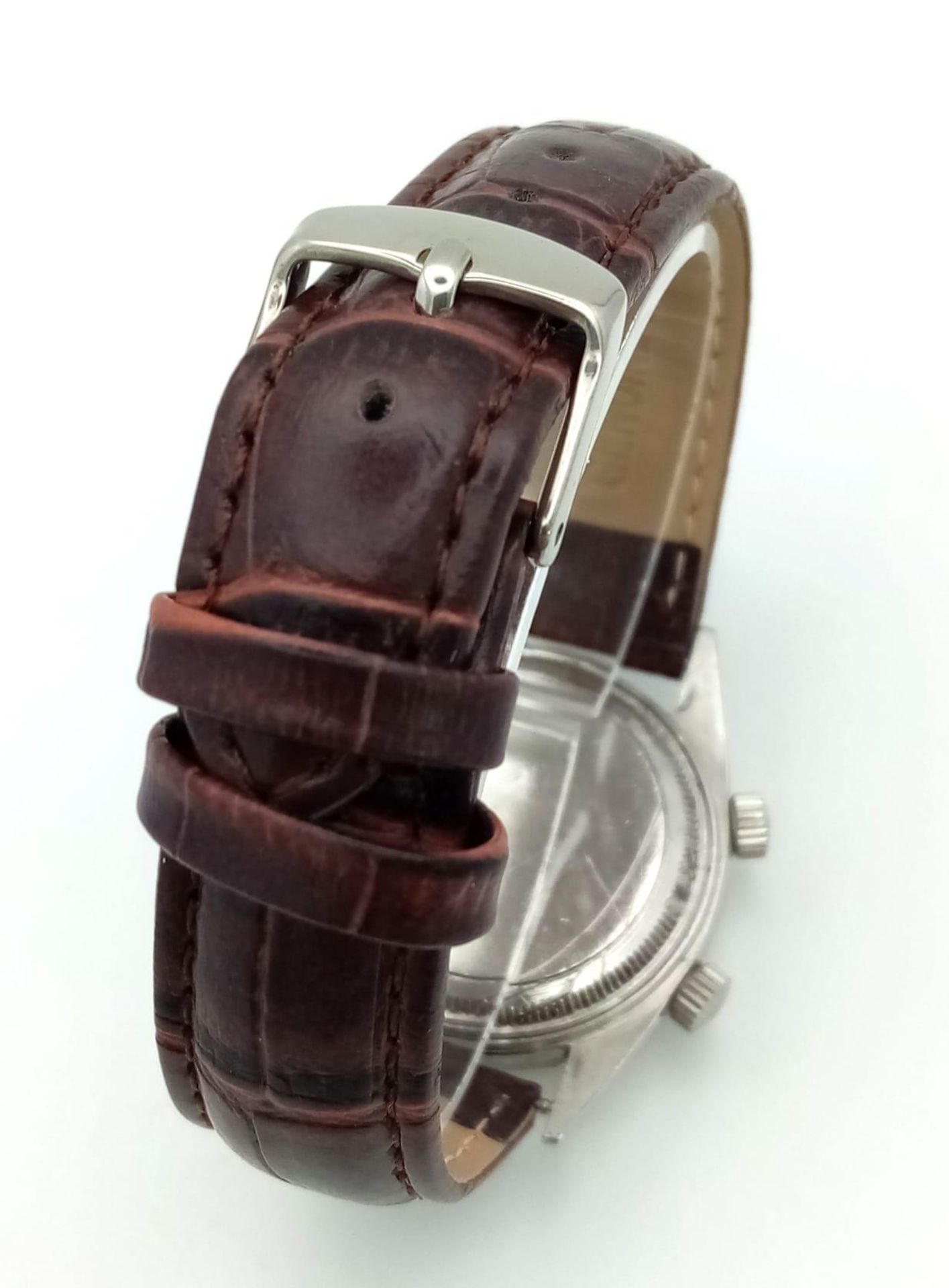 A Very Rare (1950s) Tudor Advisor Alarm Gents Watch. Brown leather strap. Steel case - 34mm. Gilt - Image 4 of 5