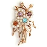 9k yellow gold floral brooch set with pearls, garnet, amethyst, citrine and topaz, in original case,