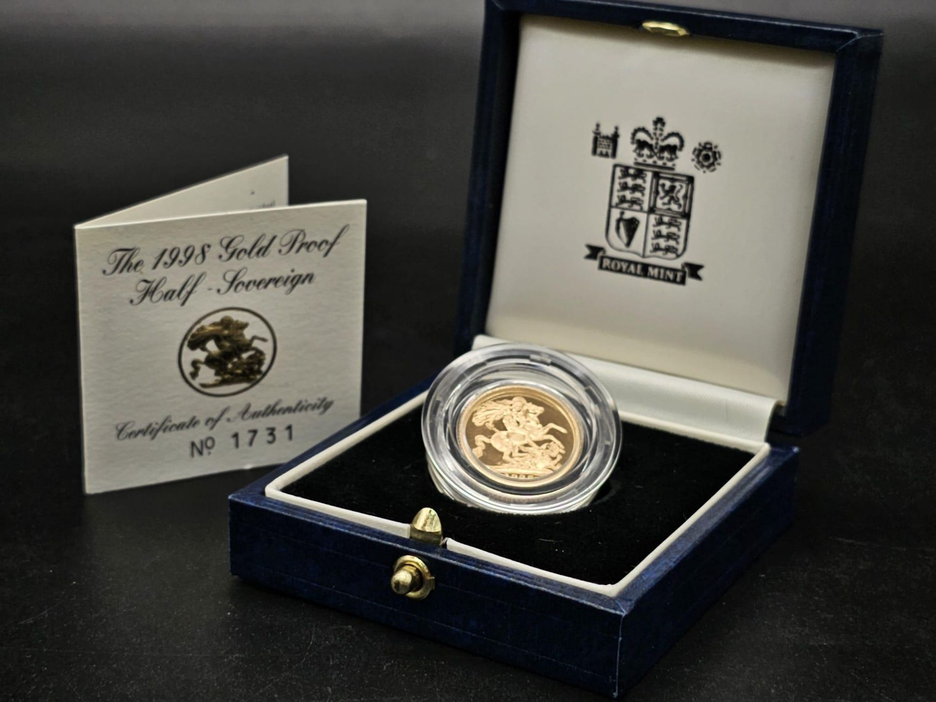 A 1998 Royal Mint 22K Gold Half Sovereign Coin. This limited edition proof coin ( No. 1731) comes in - Image 7 of 8