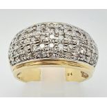 A 9K Yellow Gold Diamond Encrusted Sloped Band Ring. Size P. Over 70 small diamonds. Size O 1/2. 6.