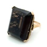 A Vintage 9K Yellow Gold Smoky Quartz Ring. Size O. 18.77g total weight. A large rectangular smoky