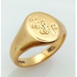 18k yellow gold engraved oval signet ring, 6.16g, size K