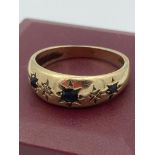 Vintage 9 carat GOLD GYPSY RING Having SAPPHIRES and DIAMONDS set to top. 3.56 grams. Size N.