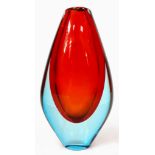 A Murano-Inspired Fire-Red and Sky-Blue Decorative Glass Vase. 24cm tall