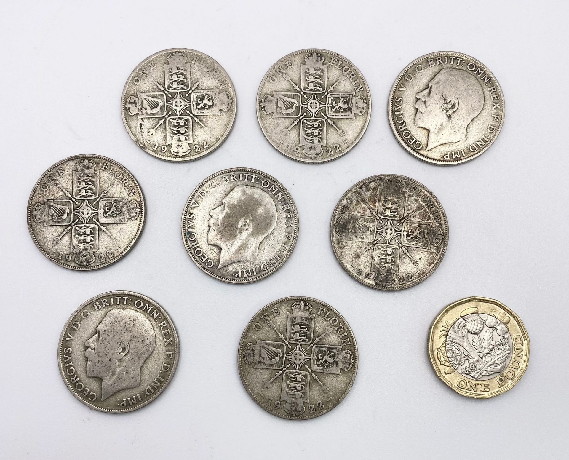 A Set of 8 British Florin Coins, All Dated 1922, Fair to Good Condition. Total Weight 88 grams - Image 3 of 3
