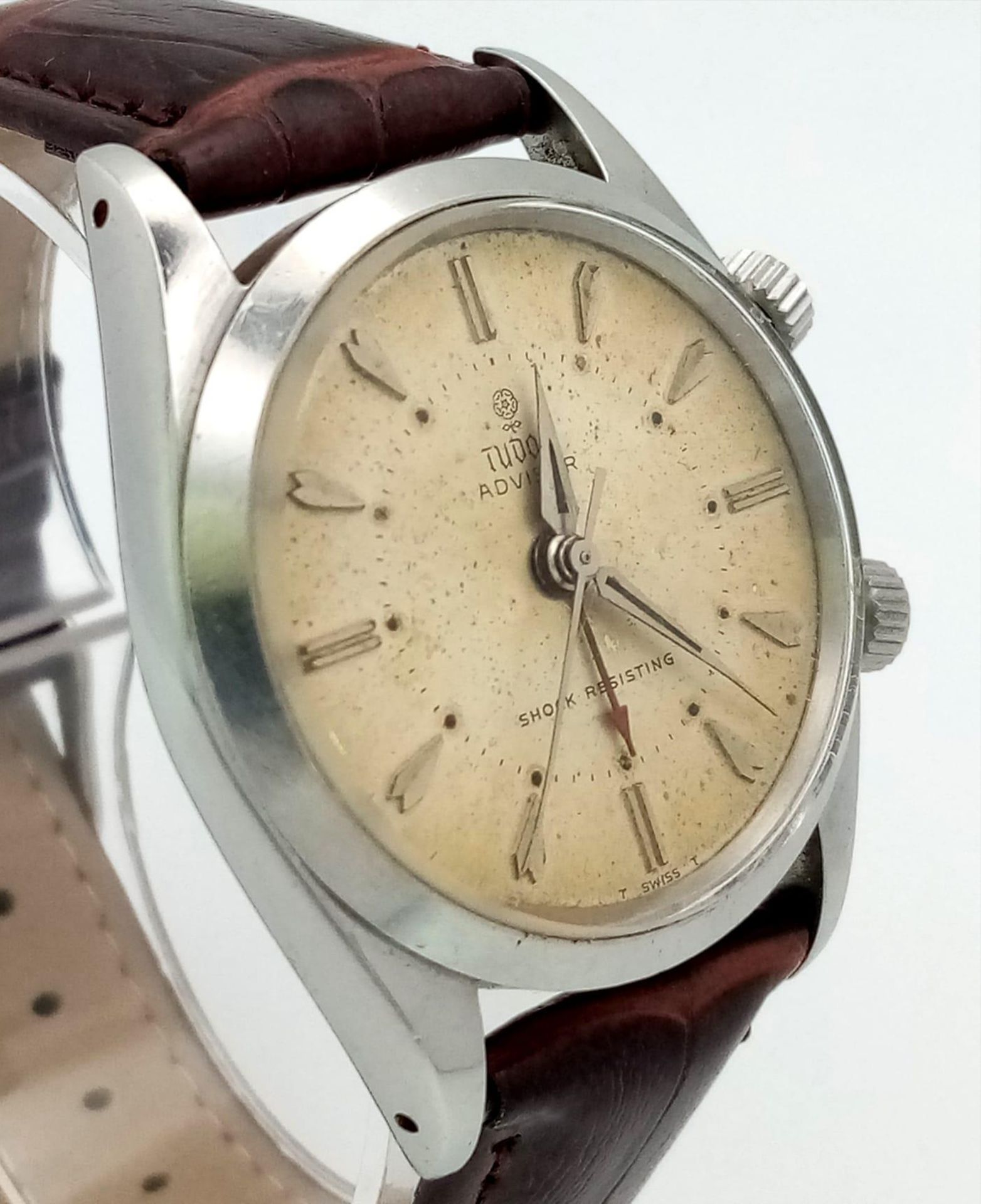 A Very Rare (1950s) Tudor Advisor Alarm Gents Watch. Brown leather strap. Steel case - 34mm. Gilt - Image 3 of 5