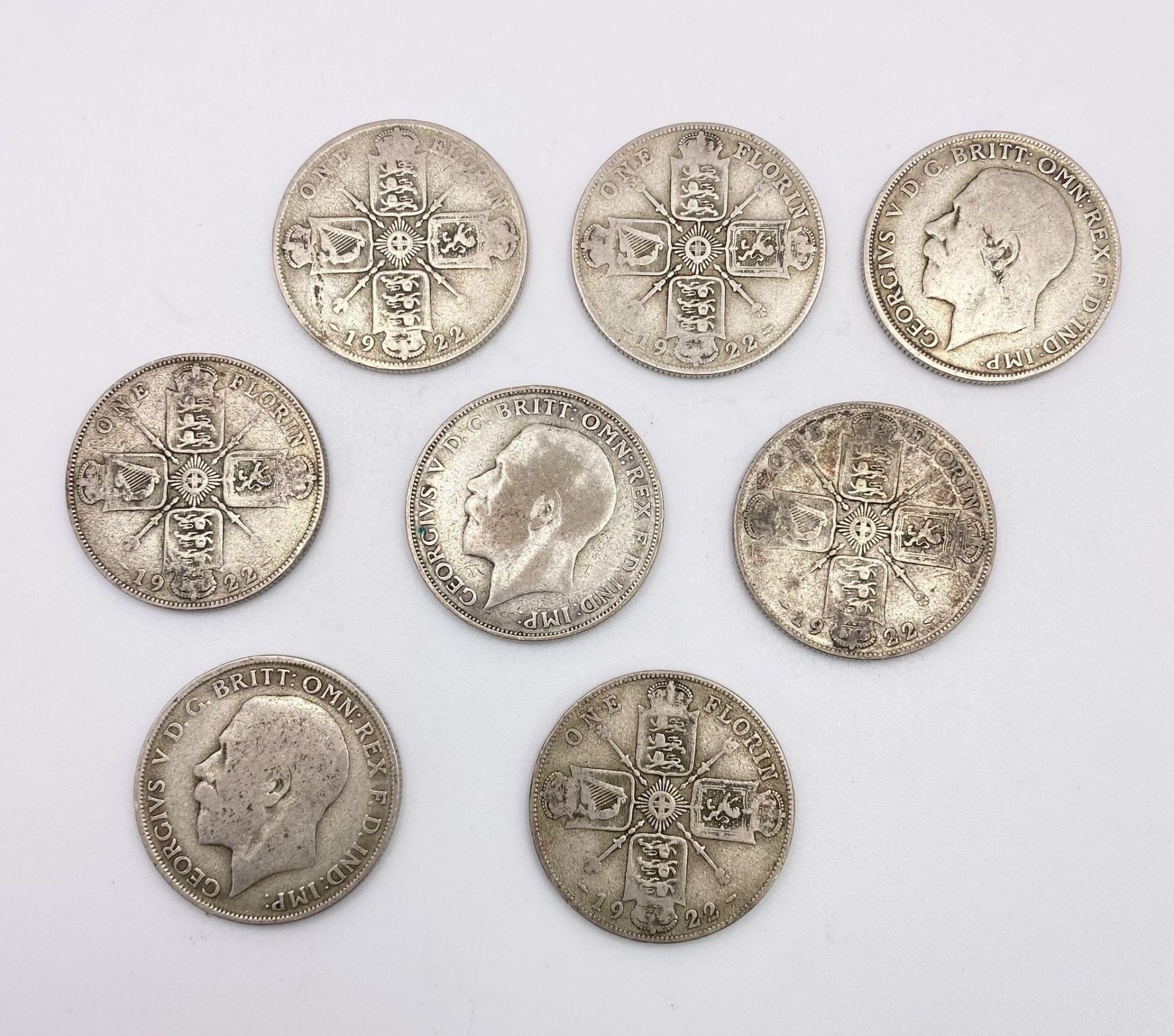 A Set of 8 British Florin Coins, All Dated 1922, Fair to Good Condition. Total Weight 88 grams - Image 2 of 3