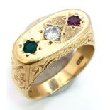 18K YELLOW GOLD DIAMOND, RUBY & EMERALD 3 STONE RING. 0.20CT DIAMOND. TOTAL WEIHT 14.1G. SIZE Q