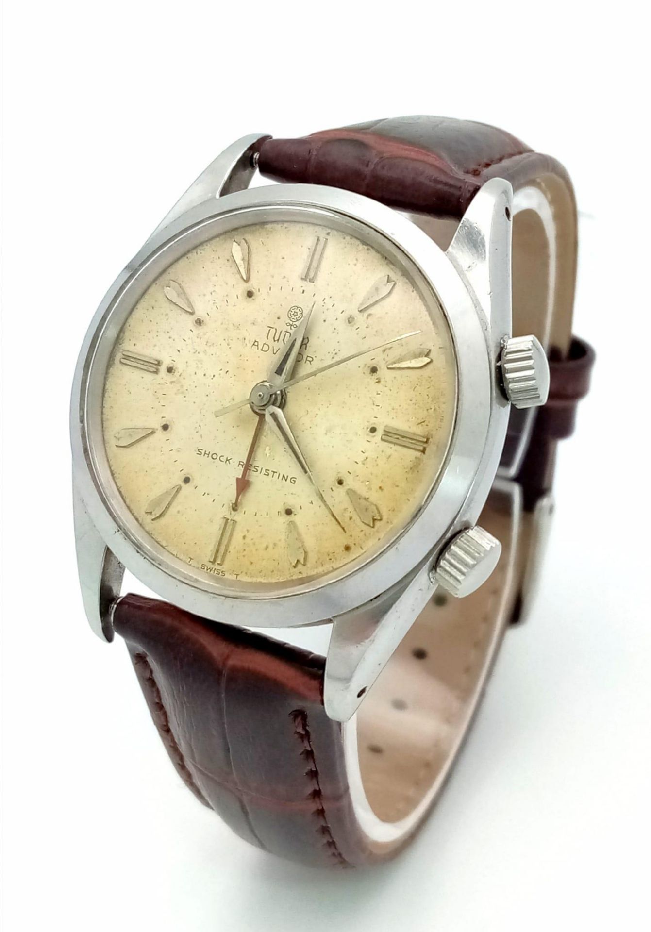 A Very Rare (1950s) Tudor Advisor Alarm Gents Watch. Brown leather strap. Steel case - 34mm. Gilt