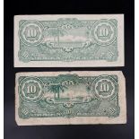 Two Scarce World War 2 Issue Japanese Government Issue 10 Dollar Notes.