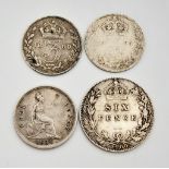 A Parcel of 4 Antique Sterling Silver Coins Comprising; 1838 Queen Victoria Young Head Four Pence (