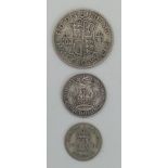 A Parcel of Three 1939 Dated British Silver Coins Comprising; 1 x Half Crown, 1 x One Shilling and 1