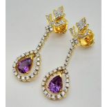 18K YELLOW GOLD DIAMOND & AMETHYST DROP EARRINGS. 1.20CT DIAMONDS. TOTAL WEIGHT 11.18G