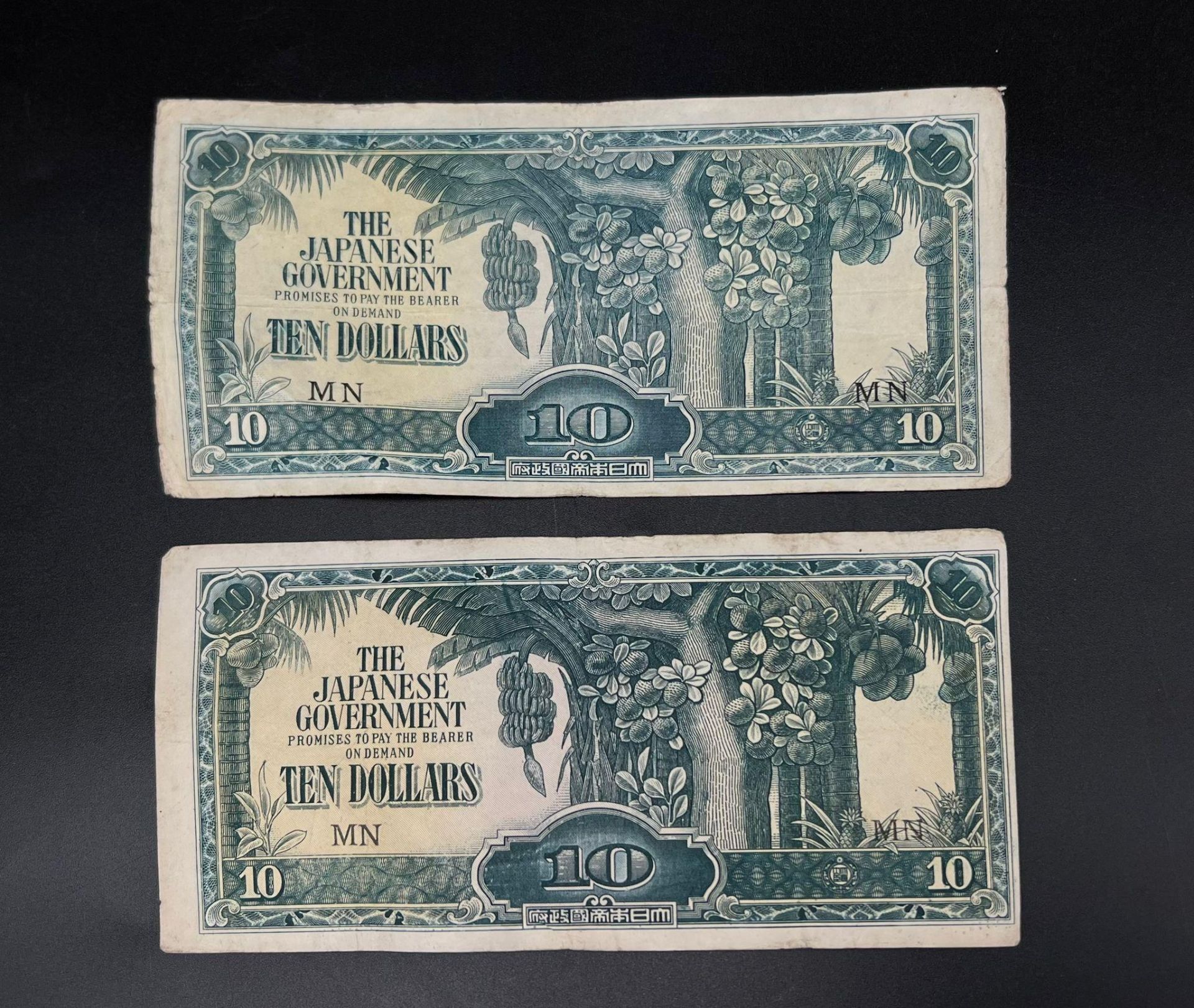 Two Scarce World War 2 Issue Japanese Government Issue 10 Dollar Notes.