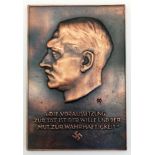 3rd Reich Copper Plated Cased Fuhrer Plaque. Awarded to middle ranking political and state officials