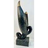 A Painted Brass Sculpture signed by Lebar. Two interlocking triffid-esque creatures. 53cm tall.