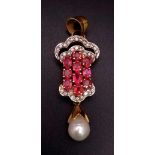14K YELLOW GOLD DIAMOND, PEARL & RED STONE PENDANT ( POSSIBLY RUBY OR RUBILITE ) 6.51G