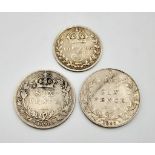 A Parcel of Three Antique Queen Victoria Veil Head Sterling Silver Coins Comprising; 1890 Six