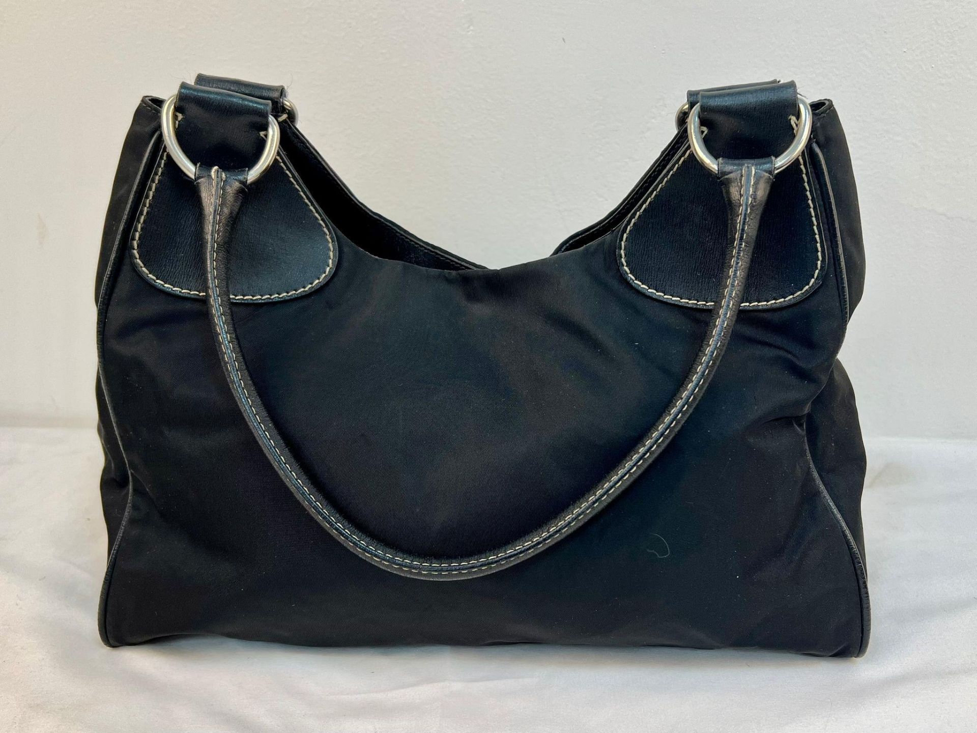 A Prada Black Cloth Bag with Black Leather Trim and Handle. 30cm x 25cm. Zipped inner compartment. - Bild 3 aus 8